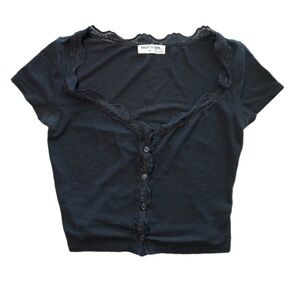 Bear Dance Black Lace-Trim Button Crop Top